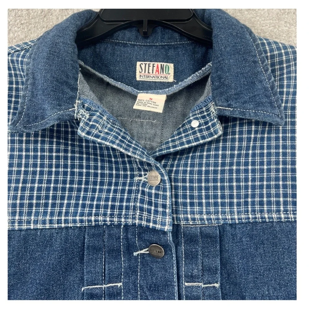 Stefano International Vintage Denim Vest Size M Blue Plaid Yoke 90s Utility‎